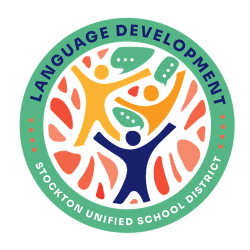 Language Development  Office logo in teal with three shapes of students in various colors with talking bubbles